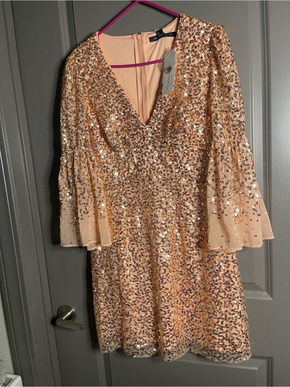 French Connection Blush Sequin V-Neck long sleeve Mini Dress holiday us 10 m-L